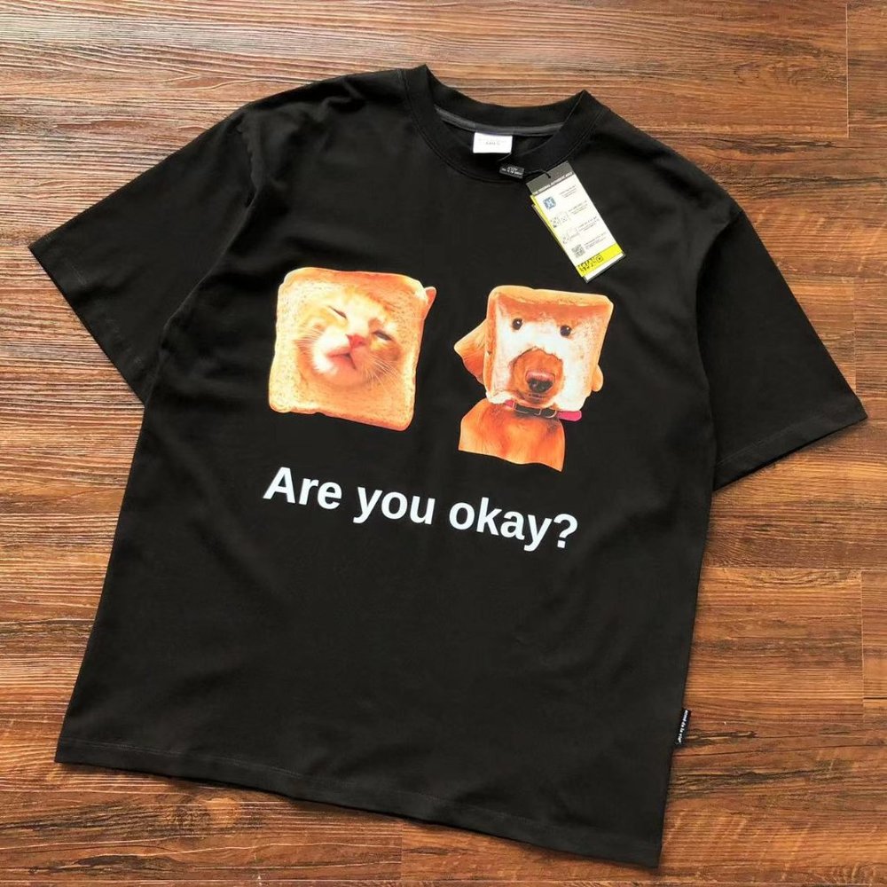 ADLV Cartoon Bread Cat Dog Print Alphabet Black Short Sleeves
